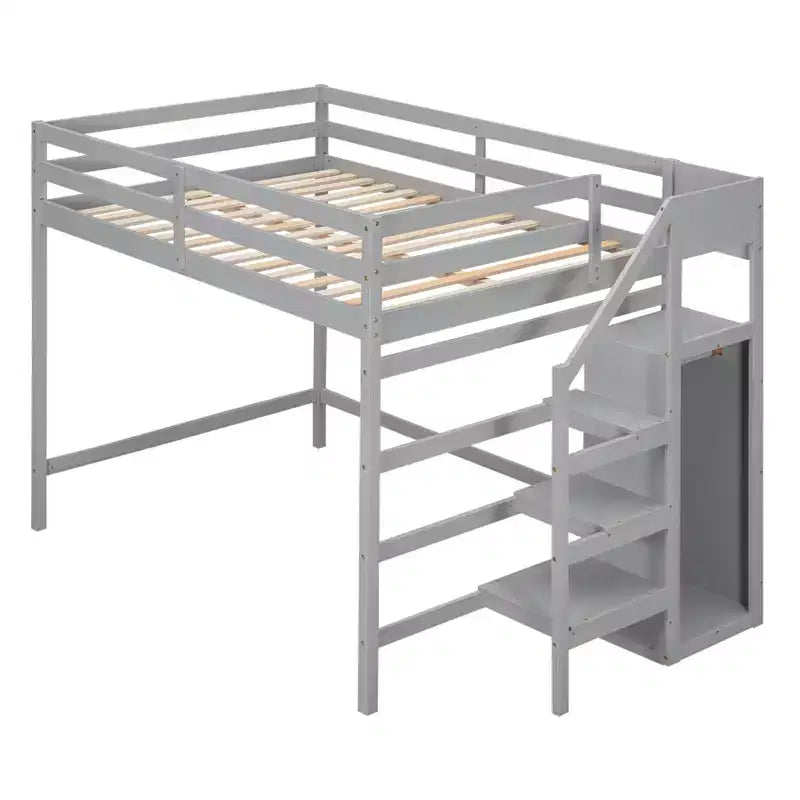 Lit mezzanine en bois format double, 93.8''L*57''W, avec armoire de rangement et escalier intégrés, pour optimiser l’espace