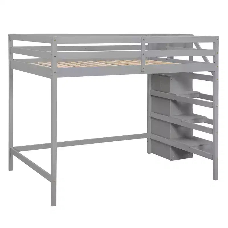 Lit mezzanine en bois format double, 93.8''L*57''W, avec armoire de rangement et escalier intégrés, pour optimiser l’espace