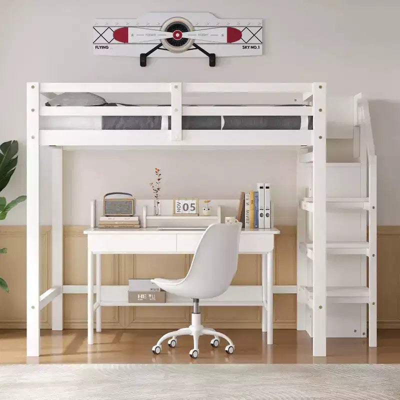 Hochbett aus Holz in Größe Full, 93.8''L*57''W, mit integriertem Kleiderschrank und Treppe, für maximalen Platz
