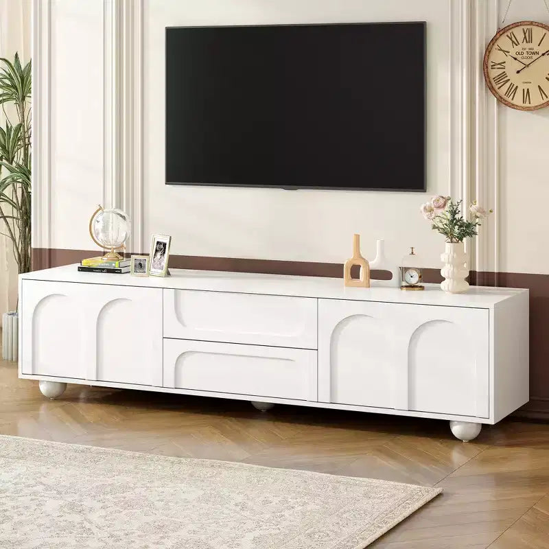 Minimalistischer TV-Ständer/Multimedia-Unterhaltungskonsole, 70 Zoll - mit Schubladen, Staufächern und Push-to-Open-Mechanismen; geeignet für Fernseher bis zu 75 Zoll (Whit