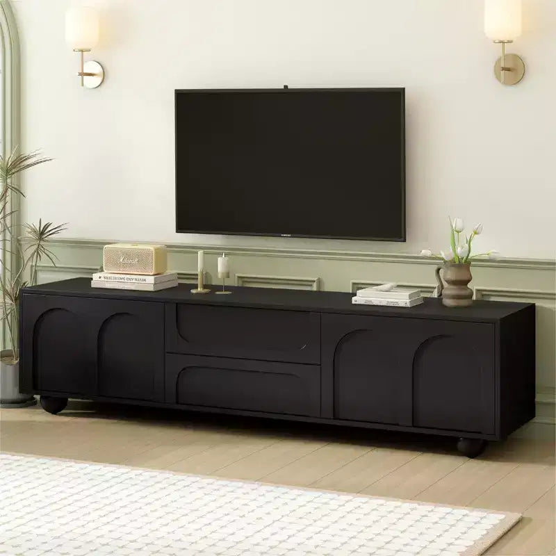 Minimalistischer TV-Ständer/Multimedia-Unterhaltungskonsole, 70 Zoll - mit Schubladen, Staufächern und Push-to-Open-Mechanismen; geeignet für Fernseher bis zu 75 Zoll (Whit