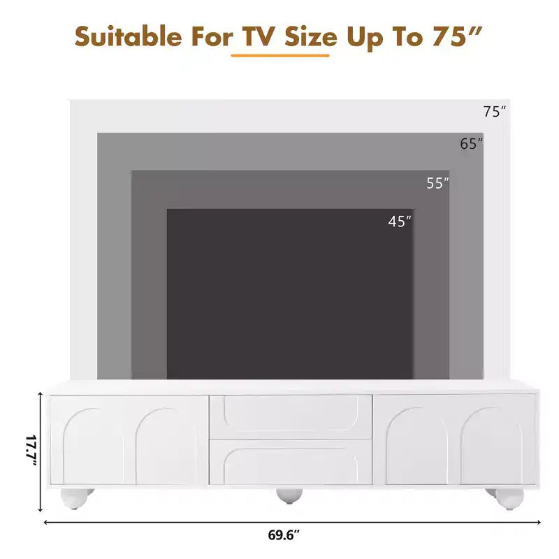Minimalistischer TV-Ständer/Multimedia-Unterhaltungskonsole, 70 Zoll - mit Schubladen, Staufächern und Push-to-Open-Mechanismen; geeignet für Fernseher bis zu 75 Zoll (Whit