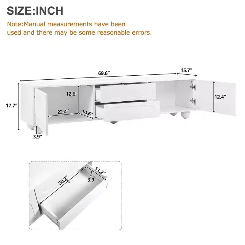 Minimalistischer TV-Ständer/Multimedia-Unterhaltungskonsole, 70 Zoll - mit Schubladen, Staufächern und Push-to-Open-Mechanismen; geeignet für Fernseher bis zu 75 Zoll (Whit