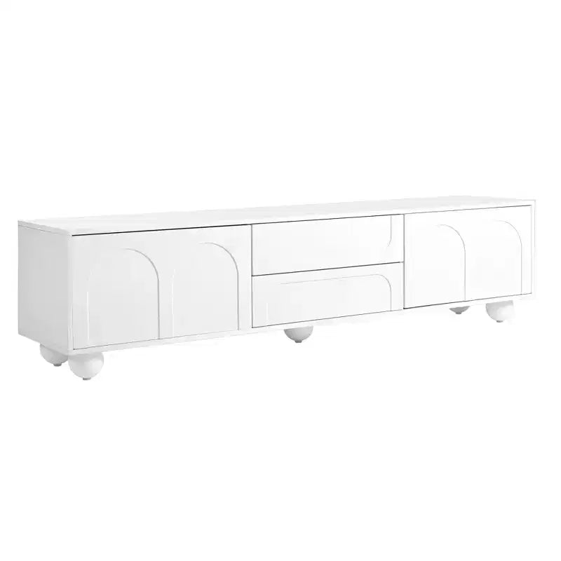 Minimalistischer TV-Ständer/Multimedia-Unterhaltungskonsole, 70 Zoll - mit Schubladen, Staufächern und Push-to-Open-Mechanismen; geeignet für Fernseher bis zu 75 Zoll (Whit