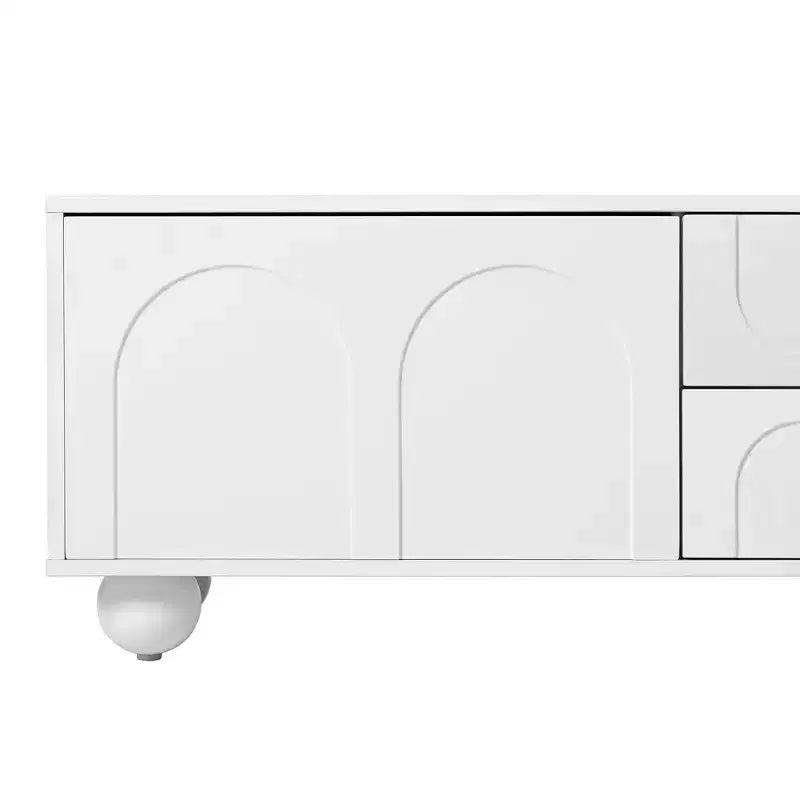 Minimalistischer TV-Ständer/Multimedia-Unterhaltungskonsole, 70 Zoll - mit Schubladen, Staufächern und Push-to-Open-Mechanismen; geeignet für Fernseher bis zu 75 Zoll (Whit