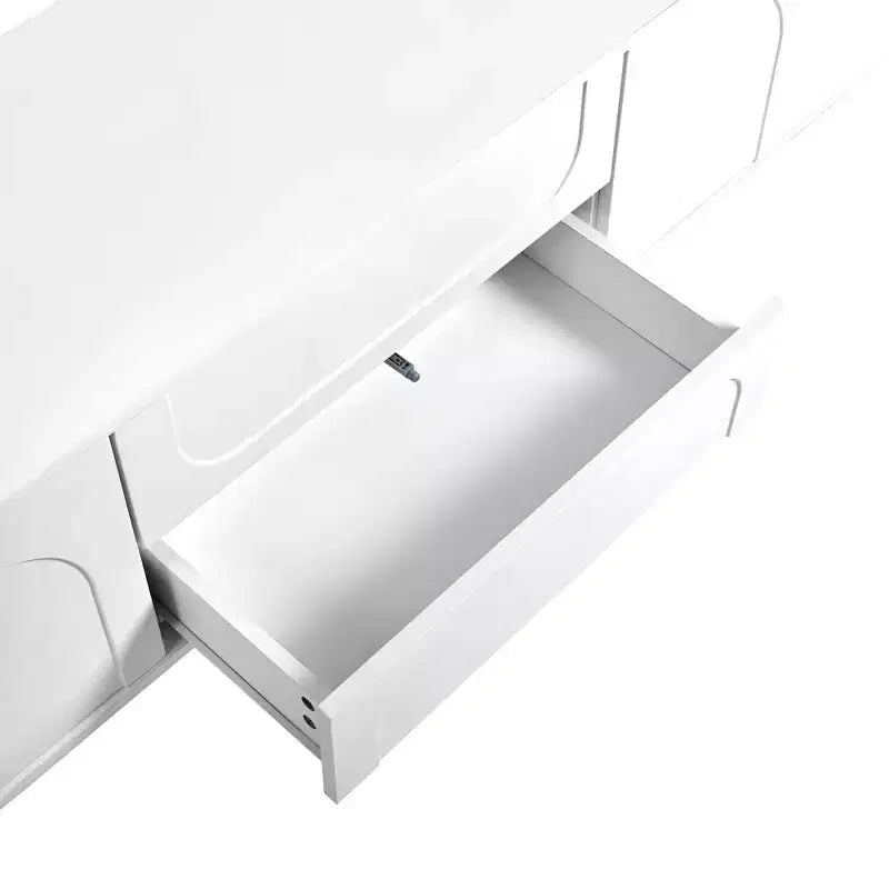 Minimalistischer TV-Ständer/Multimedia-Unterhaltungskonsole, 70 Zoll - mit Schubladen, Staufächern und Push-to-Open-Mechanismen; geeignet für Fernseher bis zu 75 Zoll (Whit