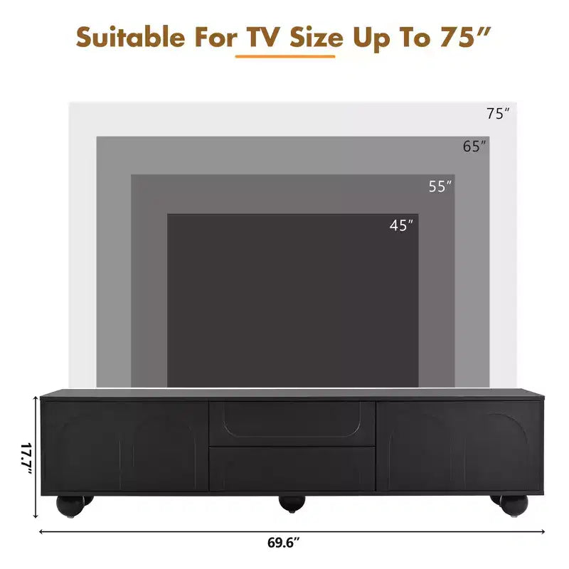 Minimalistischer TV-Ständer/Multimedia-Unterhaltungskonsole, 70 Zoll - mit Schubladen, Staufächern und Push-to-Open-Mechanismen; geeignet für Fernseher bis zu 75 Zoll (Whit