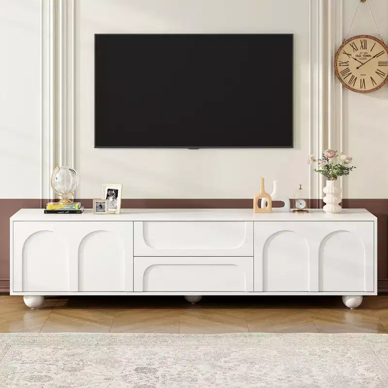 Minimalistischer TV-Ständer/Multimedia-Unterhaltungskonsole, 70 Zoll - mit Schubladen, Staufächern und Push-to-Open-Mechanismen; geeignet für Fernseher bis zu 75 Zoll (Whit
