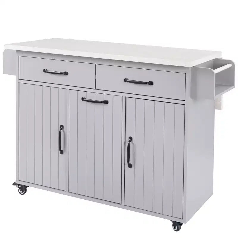 Rollbare Kücheninsel mit Müllschrank, Klappplatte, Gewürzregal, Handtuchhalter, Schublade und verstellbarem Einlegeboden