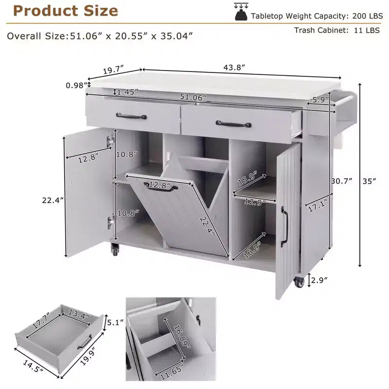 Rollbare Kücheninsel mit Müllschrank, Klappplatte, Gewürzregal, Handtuchhalter, Schublade und verstellbarem Einlegeboden