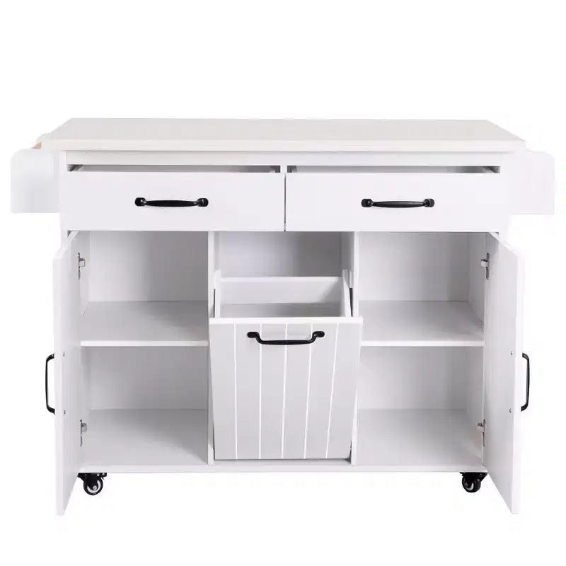 Rollbare Kücheninsel mit Müllschrank, Klappplatte, Gewürzregal, Handtuchhalter, Schublade und verstellbarem Einlegeboden