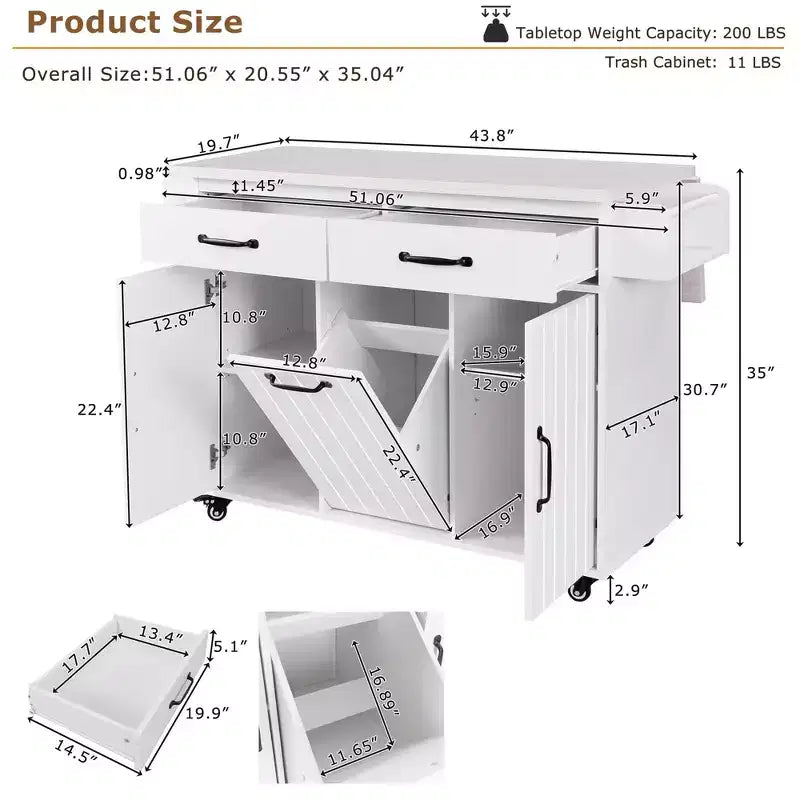 Rollbare Kücheninsel mit Müllschrank, Klappplatte, Gewürzregal, Handtuchhalter, Schublade und verstellbarem Einlegeboden