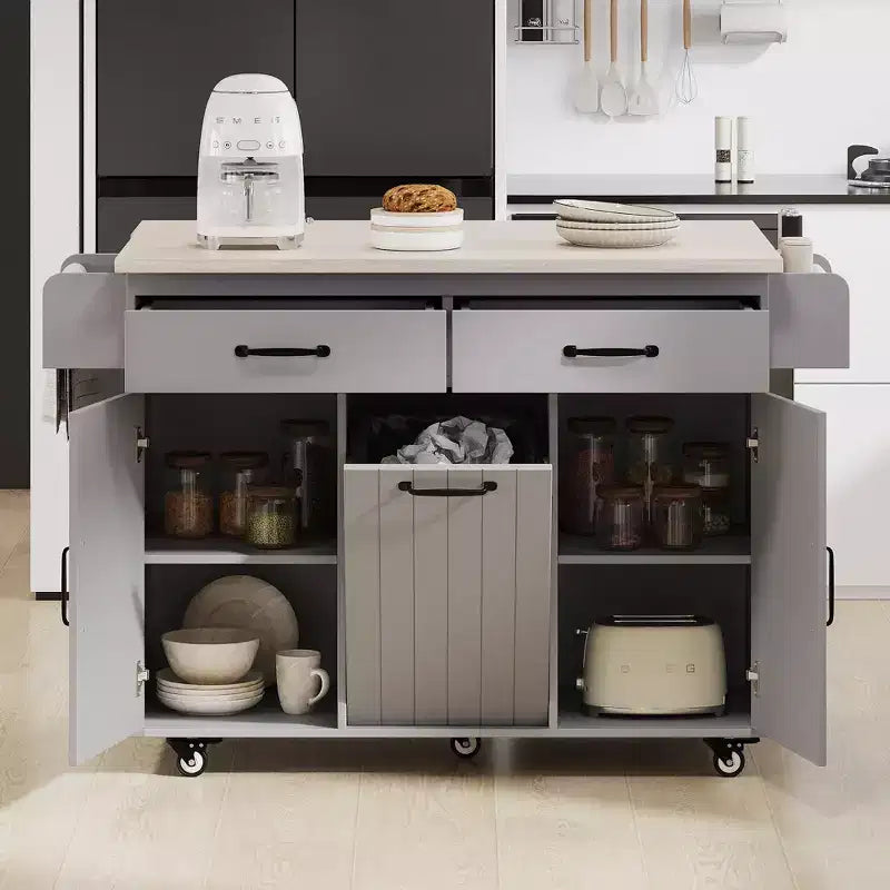 Rollbare Kücheninsel mit Müllschrank, Klappplatte, Gewürzregal, Handtuchhalter, Schublade und verstellbarem Einlegeboden