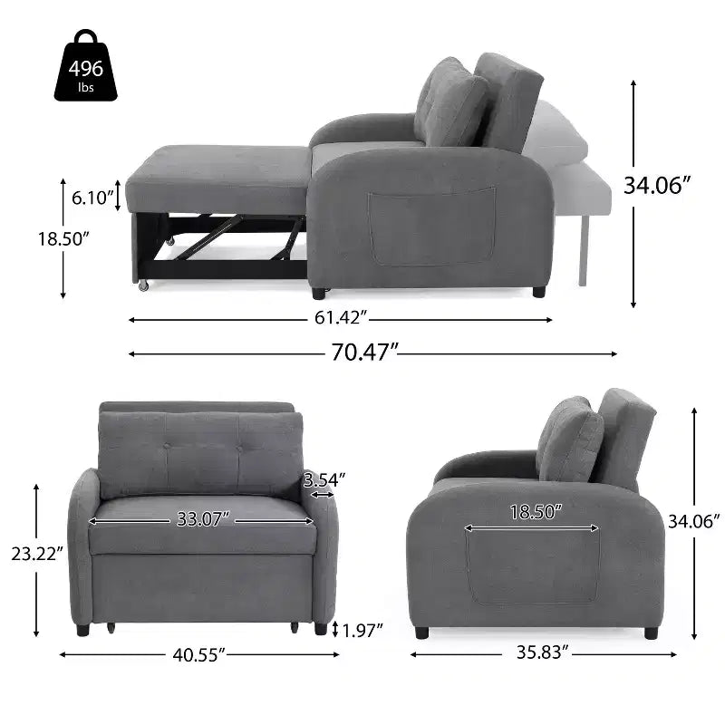 Sofá cama multifuncional 3 en 1 (con respaldo ajustable y bolsillo de almacenamiento)