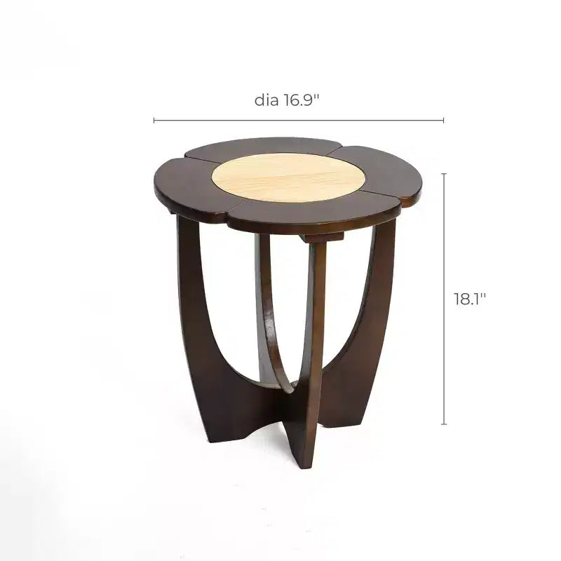 Mesa auxiliar redonda de estilo moderno de mediados de siglo, mesa auxiliar de madera de pino oscura con bloques de color y patas cruzadas para dormitorio o sala de estar, marrón