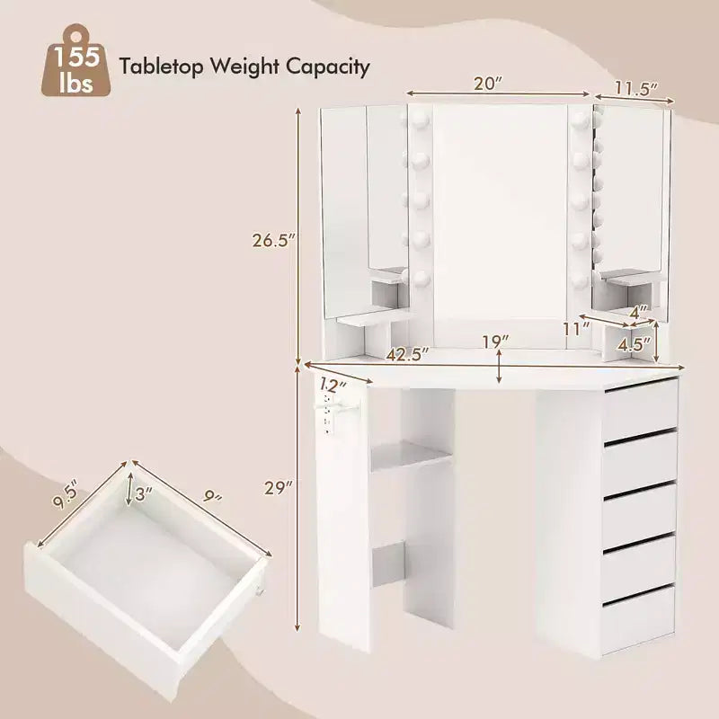 Tocador esquinero con espejo LED y tomas de corriente, negro/blanco