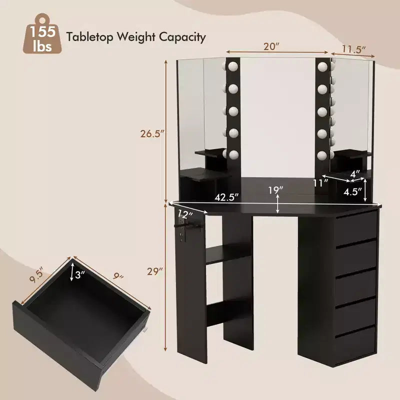 Tocador esquinero con espejo LED y tomas de corriente, negro/blanco