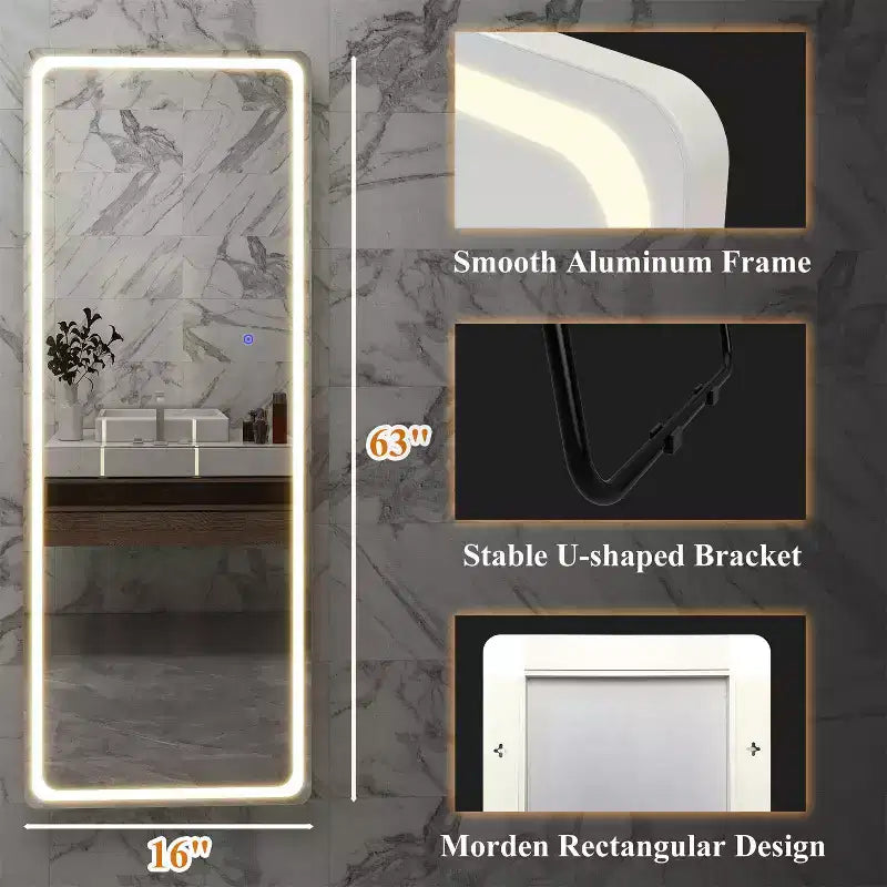 Miroir rectangulaire moderne pleine longueur sans cadre, 16 in. de large x 63 in. de haut, avec coins arrondis, blanc
