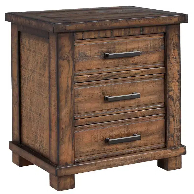 Mesita de noche rústica de 24 W, mesa auxiliar con armario de almacenamiento, 3 cajones y estructura de madera de pino recuperada, natural