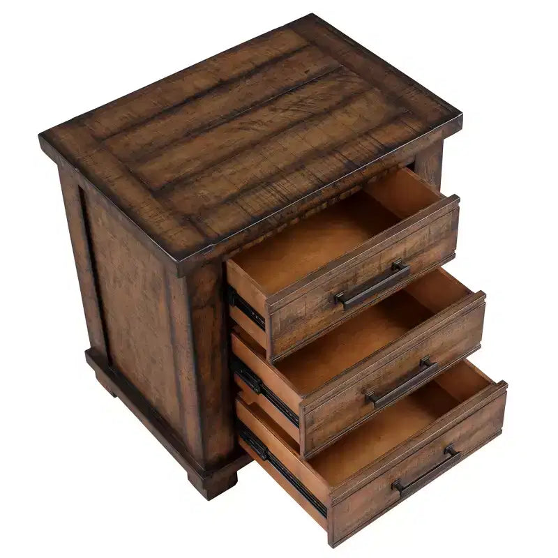 Mesita de noche rústica de 24 W, mesa auxiliar con armario de almacenamiento, 3 cajones y estructura de madera de pino recuperada, natural