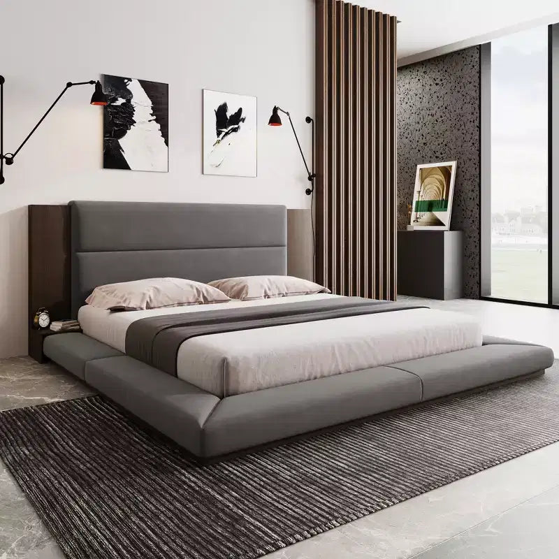 Gepolstertes Plattformbettgestell (inklusive gepolstertem Kopfteil und Nachttisch), kein Boxspringbett erforderlich, grau
