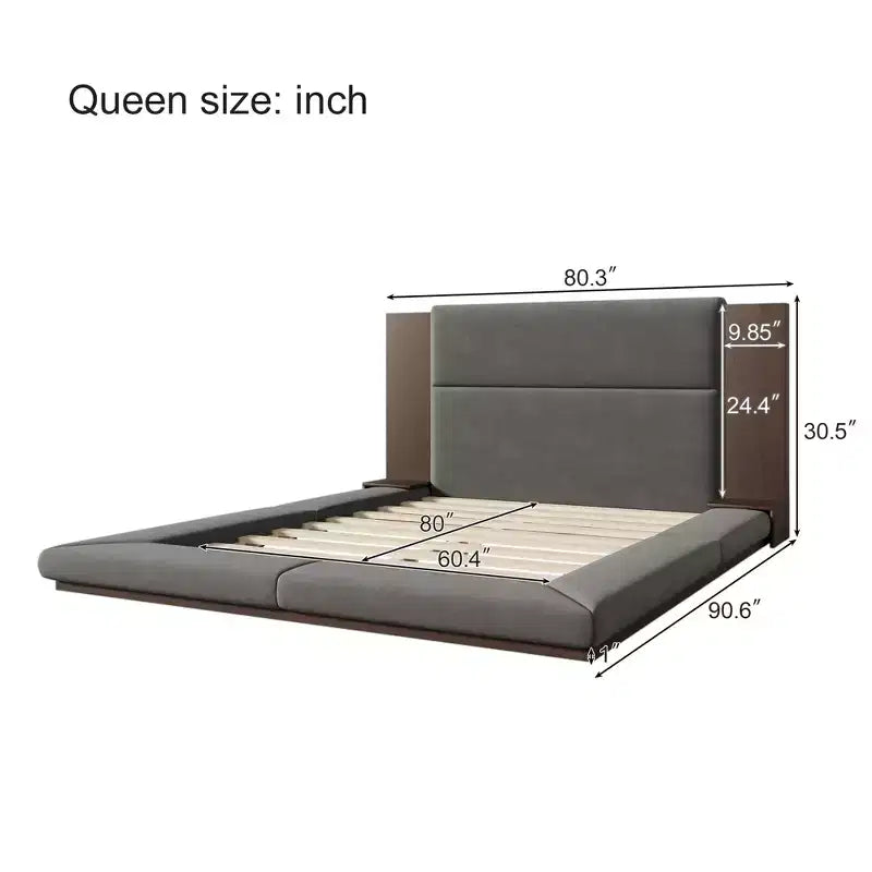 Gepolstertes Plattformbettgestell (inklusive gepolstertem Kopfteil und Nachttisch), kein Boxspringbett erforderlich, grau