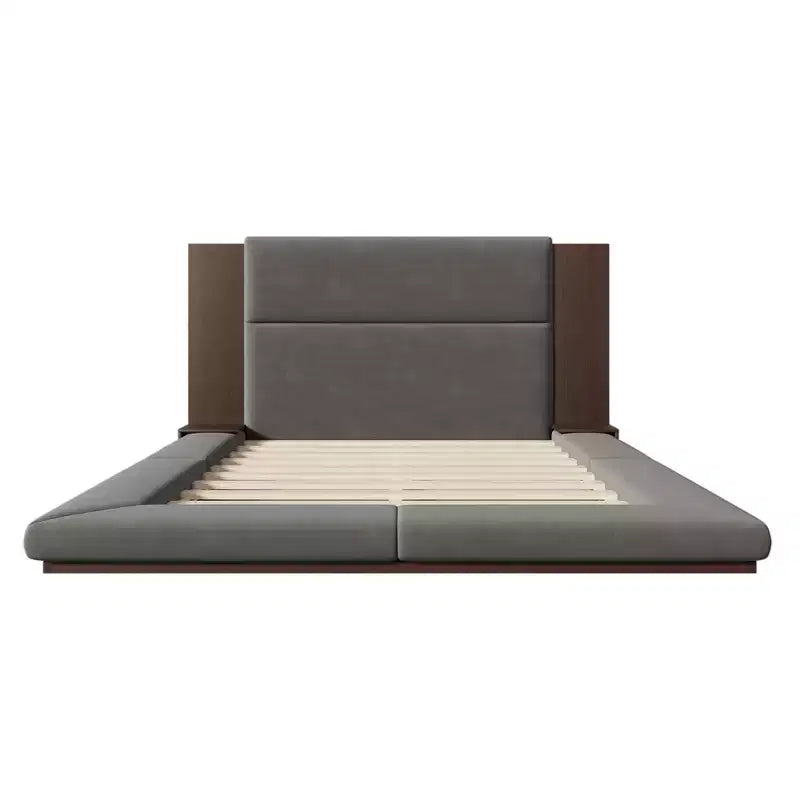 Gepolstertes Plattformbettgestell (inklusive gepolstertem Kopfteil und Nachttisch), kein Boxspringbett erforderlich, grau