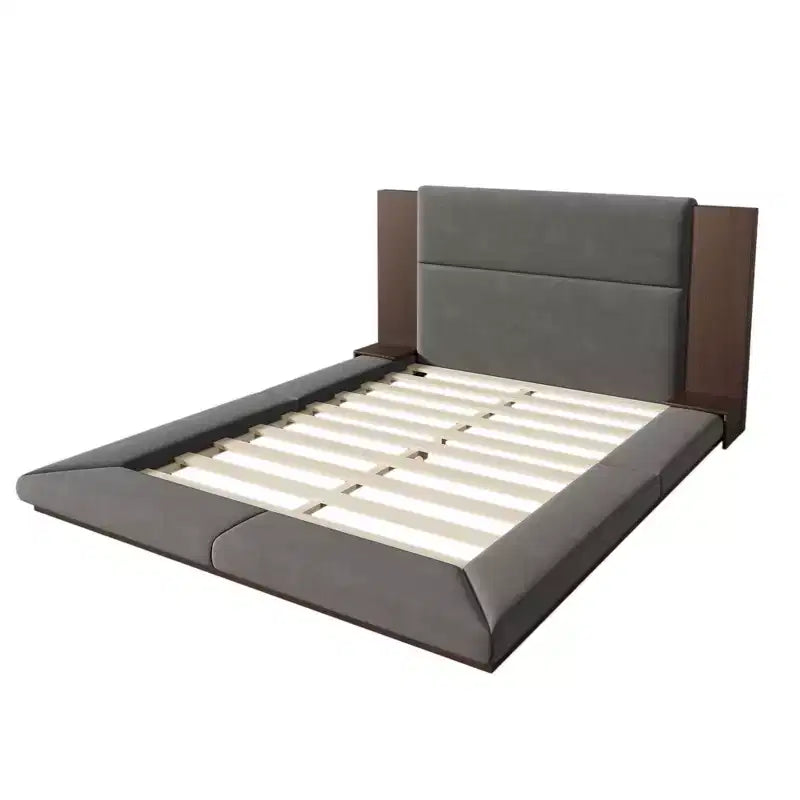 Gepolstertes Plattformbettgestell (inklusive gepolstertem Kopfteil und Nachttisch), kein Boxspringbett erforderlich, grau