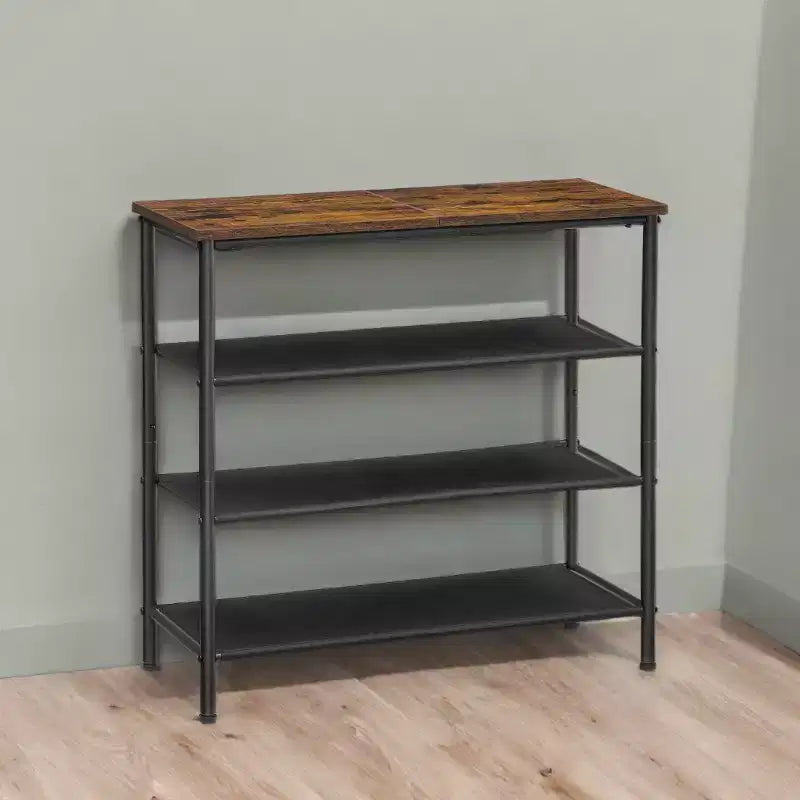 Étagère à chaussures industrielle à 4 niveaux avec étagères en tissu et dessus en bois - rangement peu encombrant pour l'entrée