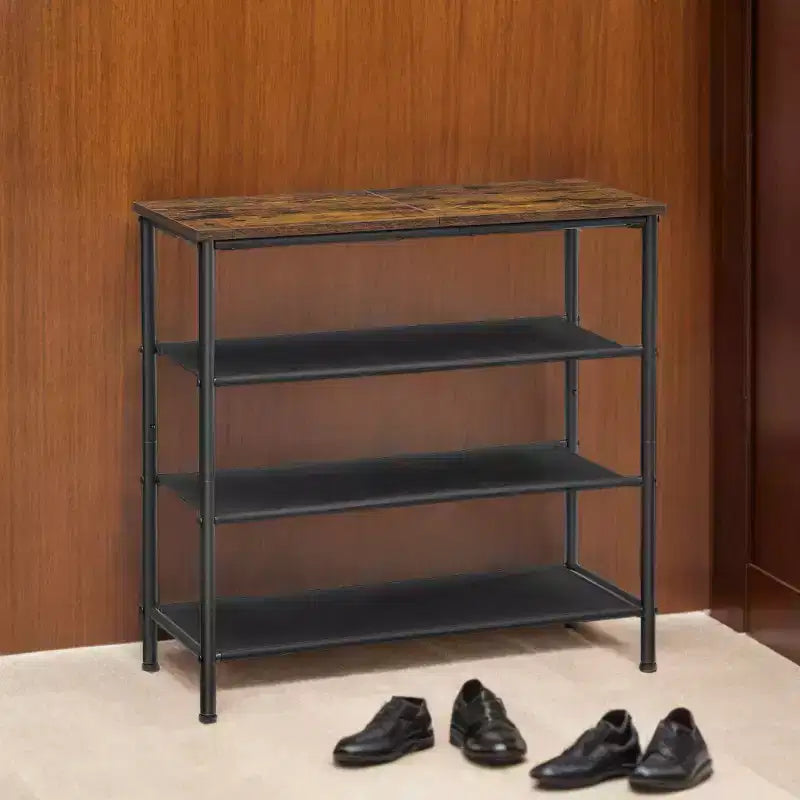 Étagère à chaussures industrielle à 4 niveaux avec étagères en tissu et dessus en bois - rangement peu encombrant pour l'entrée
