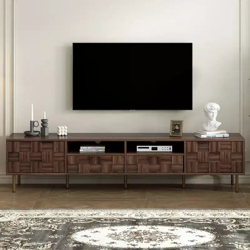 Mueble para televisor de estilo de mediados de siglo con 2 cajones, consola multimedia para televisores de hasta 85'', centro de entretenimiento con 2 armarios de almacenamiento, marrón oscuro