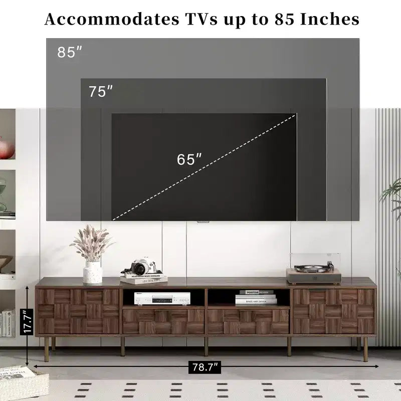 Meuble TV de style milieu du siècle avec 2 tiroirs, console multimédia pour téléviseurs jusqu’à 85'', meuble de divertissement avec 2 placards de rangement, brun foncé