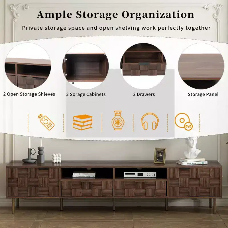 Mueble para televisor de estilo de mediados de siglo con 2 cajones, consola multimedia para televisores de hasta 85'', centro de entretenimiento con 2 armarios de almacenamiento, marrón oscuro