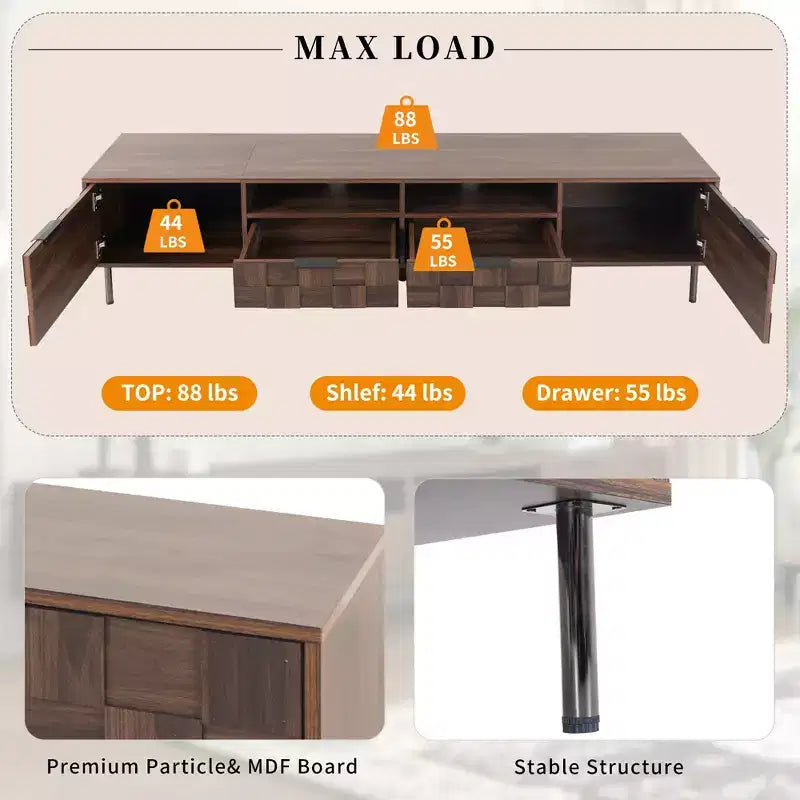 Mueble para televisor de estilo de mediados de siglo con 2 cajones, consola multimedia para televisores de hasta 85'', centro de entretenimiento con 2 armarios de almacenamiento, marrón oscuro