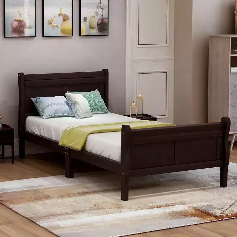 Whisen Wood Platform Bed Frame with Sleigh Design, Headboard, Footboard, and Sturdy Slat Support