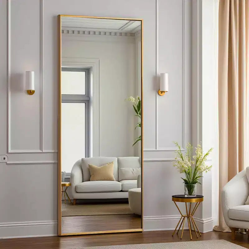 Miroir intégral rectangulaire droit, à cadre fin doré en aluminium, avec support