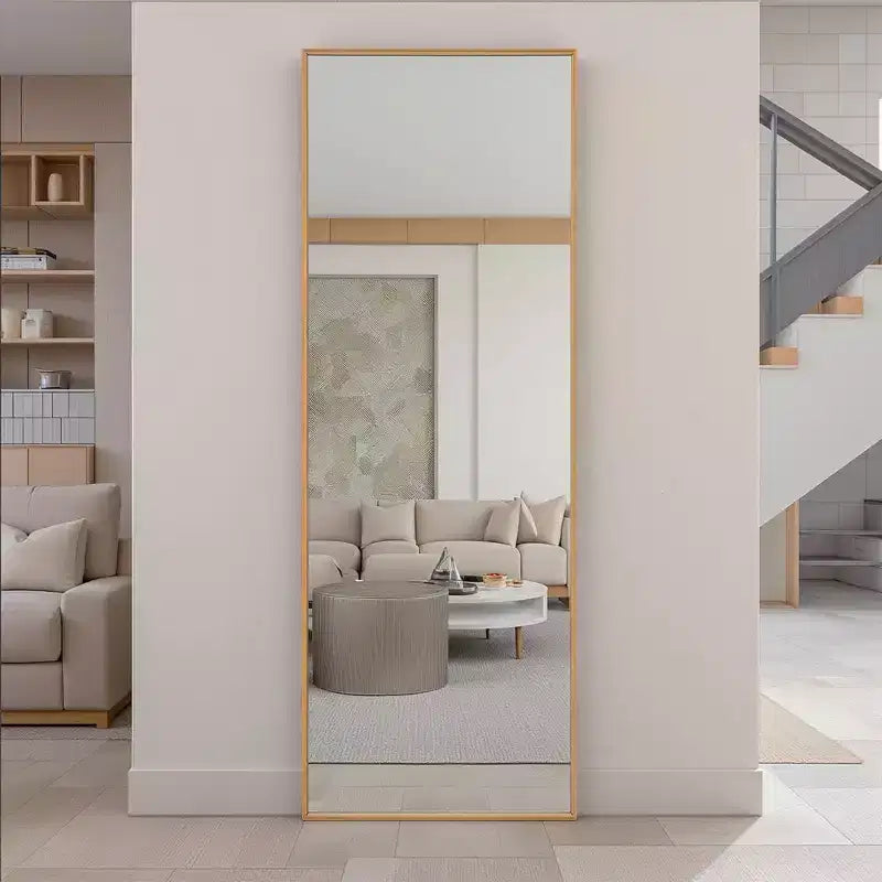 Espejo de cuerpo entero rectangular, recto, dorado, con estructura delgada de aluminio y soporte