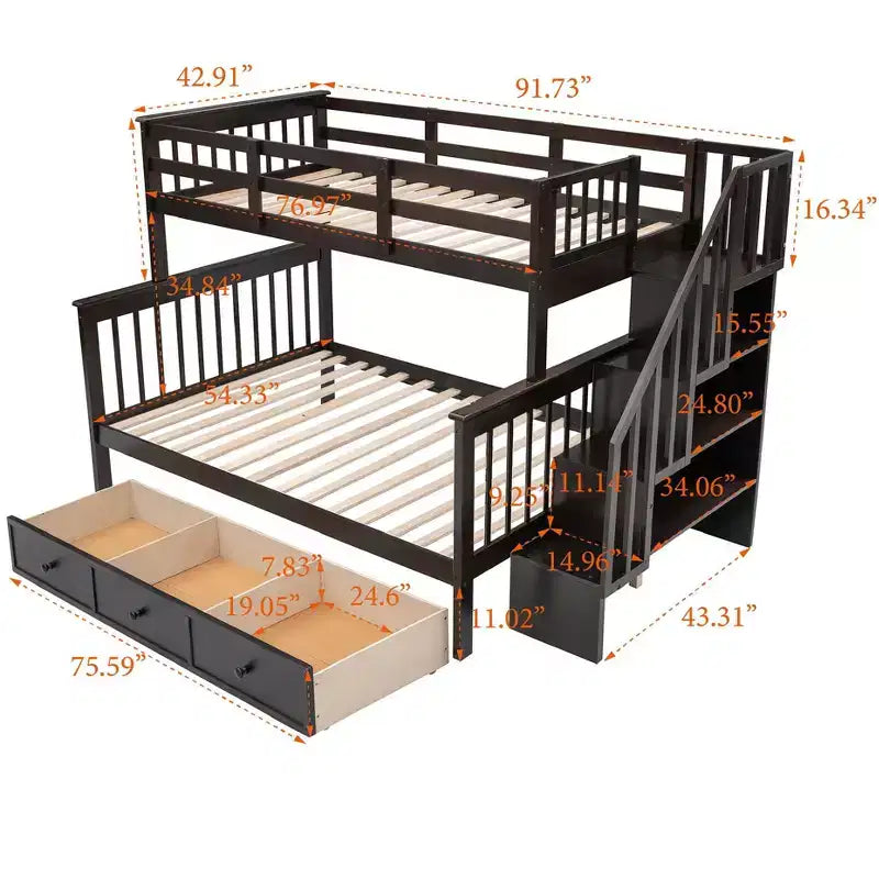 Etagenbett mit Treppe, oben Twin- und unten Full-Größe, mit Schublade, Stauraum und Rausfallschutz