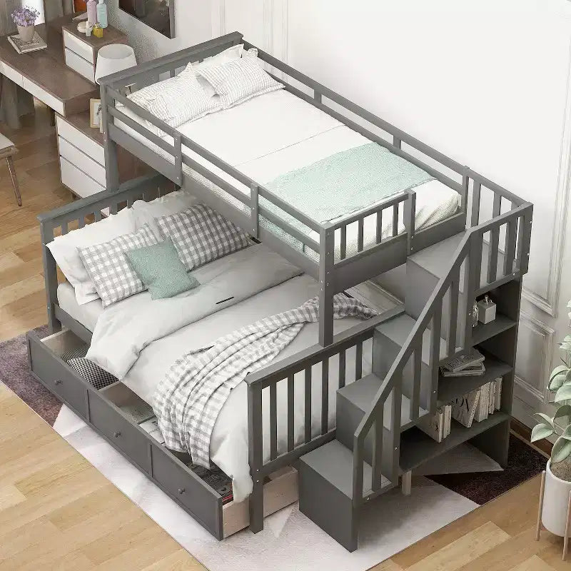 Etagenbett mit Treppe, oben Twin- und unten Full-Größe, mit Schublade, Stauraum und Rausfallschutz