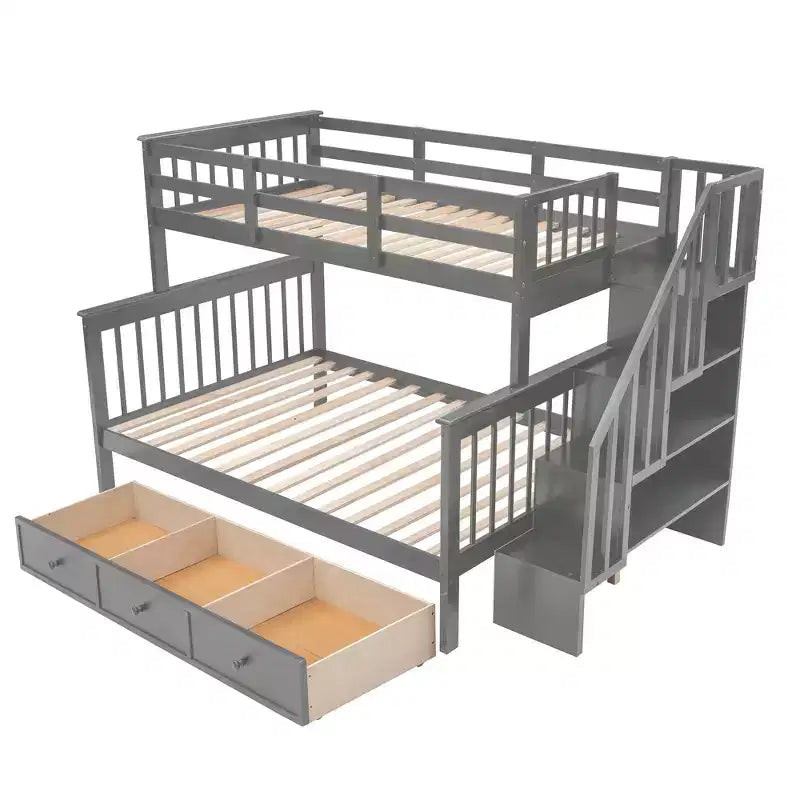 Etagenbett mit Treppe, oben Twin- und unten Full-Größe, mit Schublade, Stauraum und Rausfallschutz