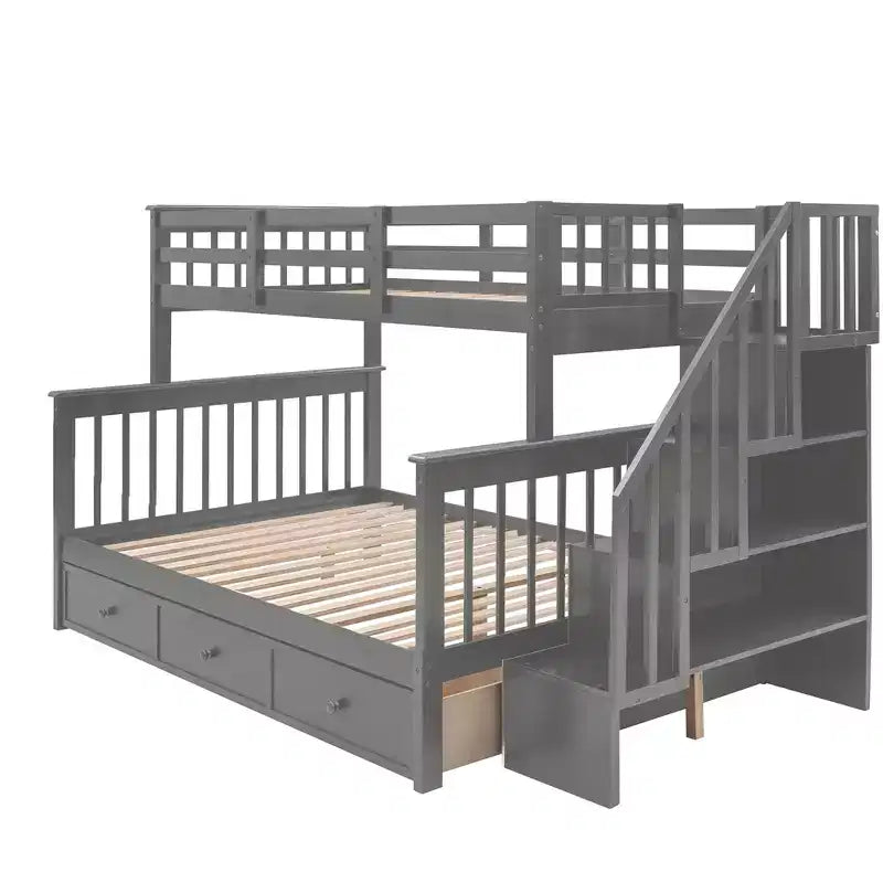 Etagenbett mit Treppe, oben Twin- und unten Full-Größe, mit Schublade, Stauraum und Rausfallschutz