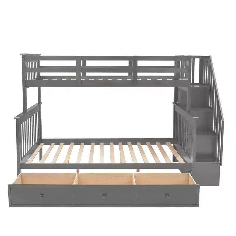 Etagenbett mit Treppe, oben Twin- und unten Full-Größe, mit Schublade, Stauraum und Rausfallschutz