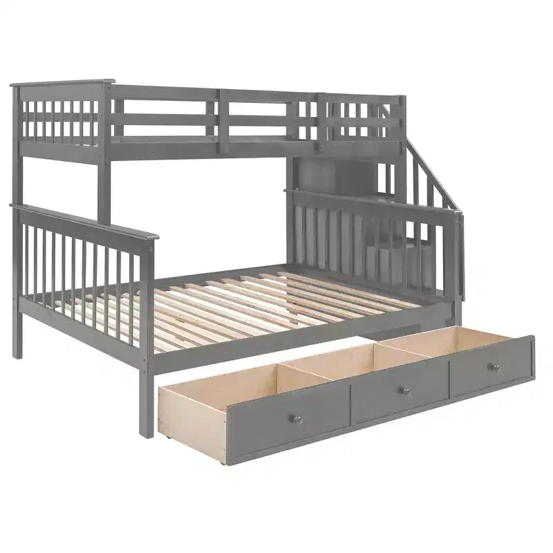Etagenbett mit Treppe, oben Twin- und unten Full-Größe, mit Schublade, Stauraum und Rausfallschutz