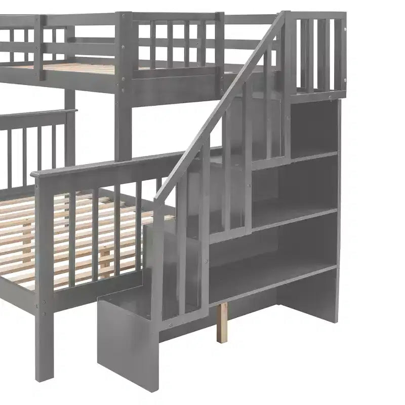 Etagenbett mit Treppe, oben Twin- und unten Full-Größe, mit Schublade, Stauraum und Rausfallschutz