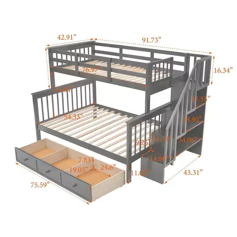 Etagenbett mit Treppe, oben Twin- und unten Full-Größe, mit Schublade, Stauraum und Rausfallschutz
