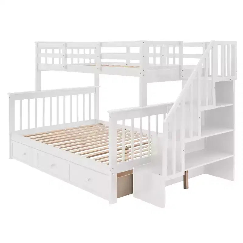 Etagenbett mit Treppe, oben Twin- und unten Full-Größe, mit Schublade, Stauraum und Rausfallschutz