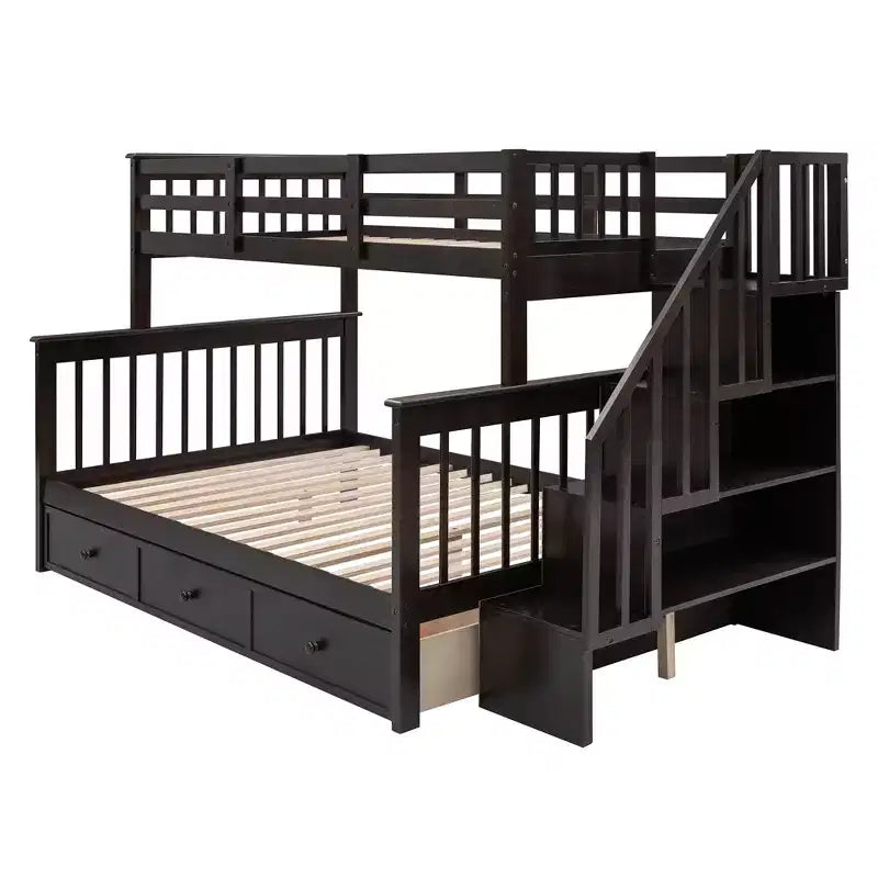 Etagenbett mit Treppe, oben Twin- und unten Full-Größe, mit Schublade, Stauraum und Rausfallschutz