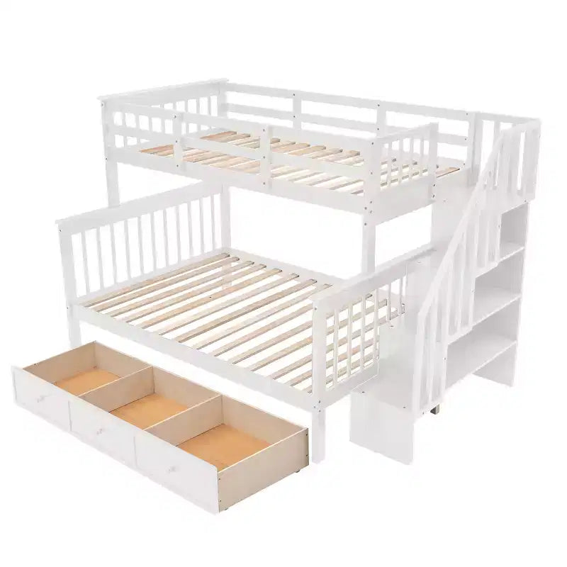 Etagenbett mit Treppe, oben Twin- und unten Full-Größe, mit Schublade, Stauraum und Rausfallschutz