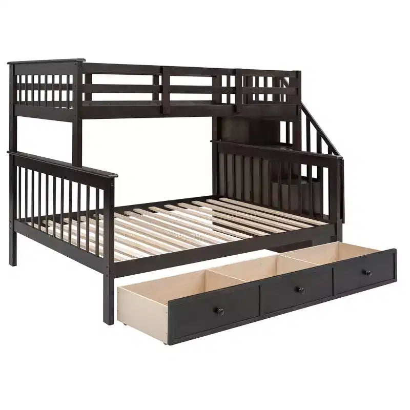 Etagenbett mit Treppe, oben Twin- und unten Full-Größe, mit Schublade, Stauraum und Rausfallschutz