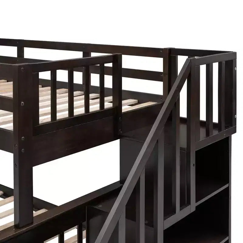 Etagenbett mit Treppe, oben Twin- und unten Full-Größe, mit Schublade, Stauraum und Rausfallschutz